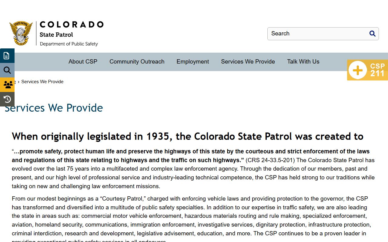 Colorado police records services page showing available services